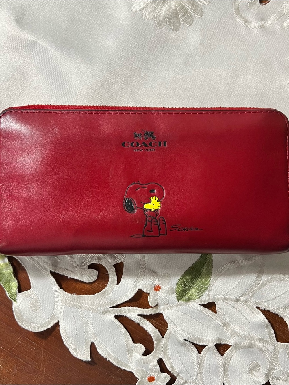 Coach Red Leather Snoopy & Woodstock Wallet